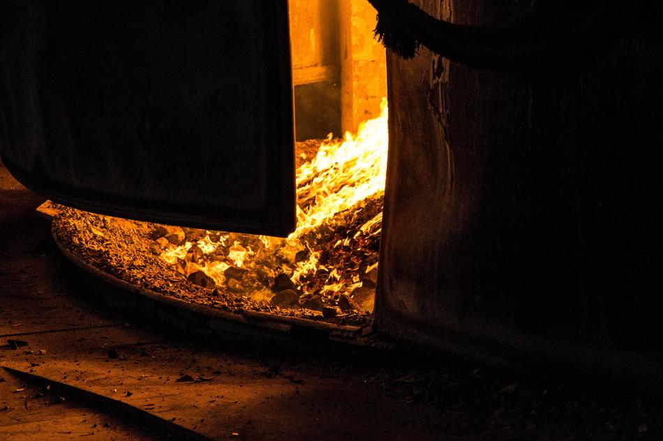 Bright, yellow fire in the electric arched furnace