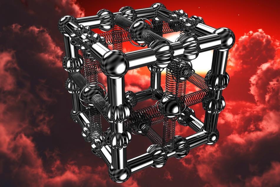 3d model of the shiny cube design, at background with the red sky, with the sunset and clouds, clipart