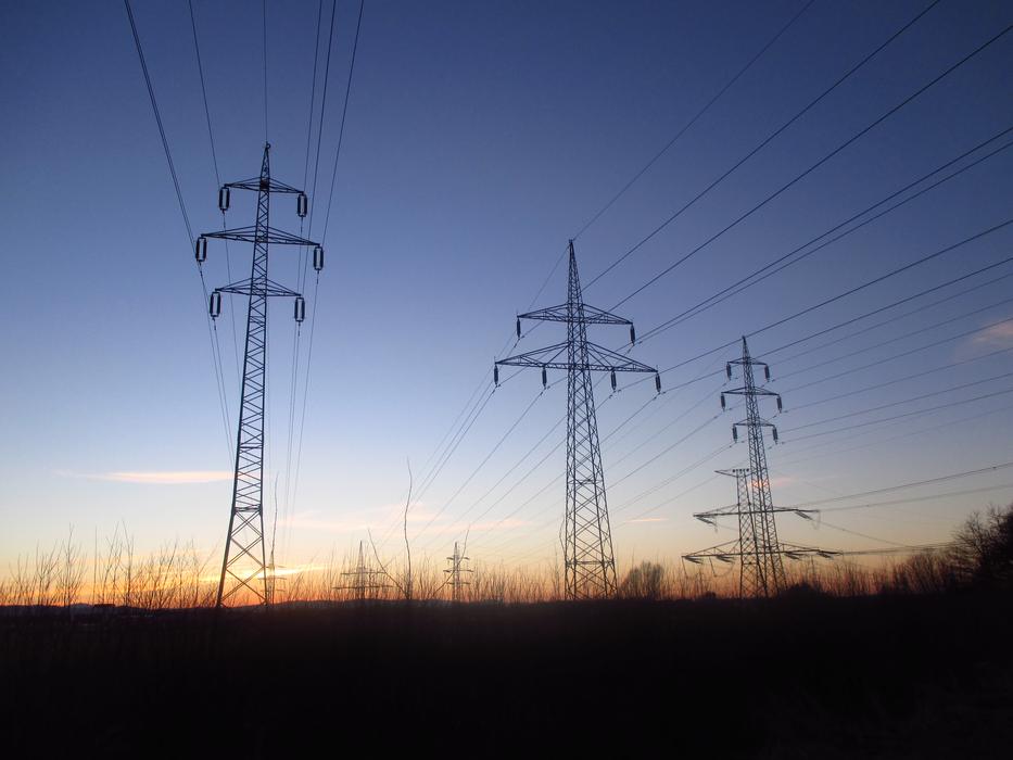 high voltage pillars, field, evening