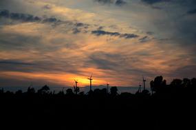 silhouettes of wind park at dusk