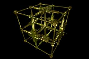 Shiny, gold 3d model of the cube, at black background, clipart