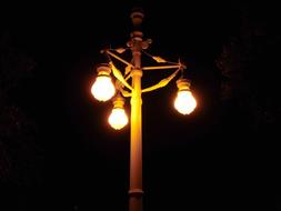 Close-up of the lamp with light bulbs with lights, on the pole, among the darkness