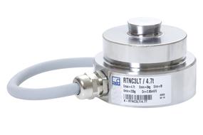 Close-up of the shiny Rocker column load cell, with the sign, at white background