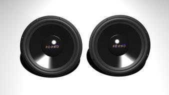 two car audio speakers on a white background