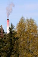 distant view of an industrial chimney among the trees