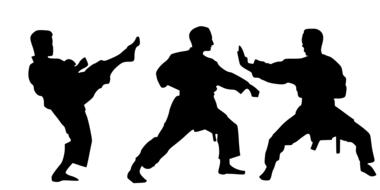 karate, three male silhouettes on white background