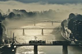 cityscape of the foggy bridges im the morning