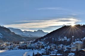 Alpine ski resort under blue sky in Switzerland