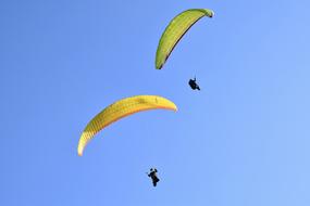 two Paragliders at blue sky