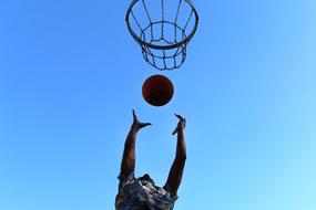 Basketball, man throwing Ball to Basket, Low Angle view