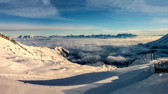 scenic Panorama, mountain peaks above Morning fog, austria