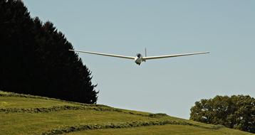 Glider Landing on green meadow at forest