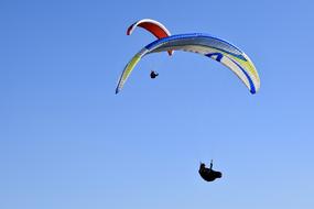 two people on paragliders on a background of blue sky