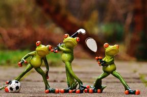 Athletes, three toy Frogs with sports equipment