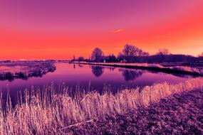 Beautiful and colorful Dutch landscape with the waterway and plants, at colorful, gradient sunset