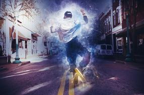 Beautiful and colorful drawing of the hip hop dancer, from the back view, on the road, among the buildings