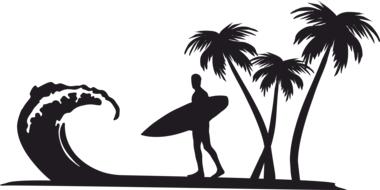 palm trees and surfer on beach