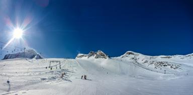 skiers and ski lift at snowy Kitzsteinhorn, panoramic view