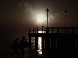 silhouettes of surfers on the beach at dusk