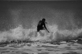 Black and white photo of the surfer on the wave in Mar Del Plata, Argentina