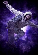 a man on a skateboard in purple smoke