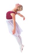 photo of ballerina in a burgundy tank top and white skirt at white background