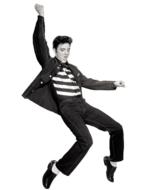 Black and white photo of Elvis Presley, at white background