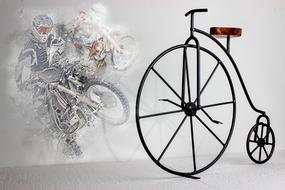 high wheel vintage bicycle and racers on contemporary motorcycles, collage