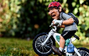 Figure of a cyclist on the bike, near the beautiful and colorful plants