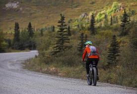 person riding mountain bicycle on winding road in wilderness