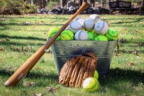 balls in a metal bucket and bat on a green field