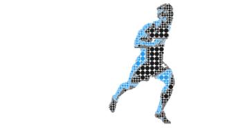 Black, blue and white silhouette of the running person, with the patterns, at white background, clipart