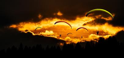 many paragliders against the golden evening sky