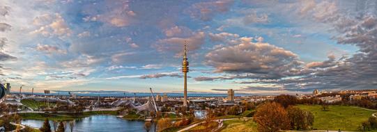 photo of the Olympic tower in Munich against the background of dawn