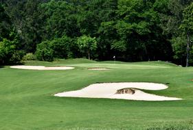 Sand traps on the beautiful green golf course, among the trees, on the landscape