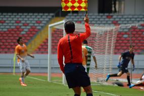 referee with yellow-red flag on the football field