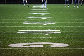 white marks on green pitch of American Football stadium with the players