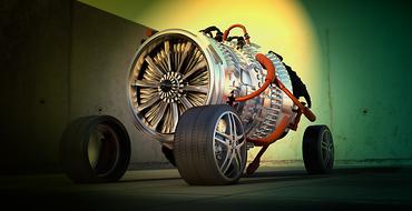 turbine and four wheels in garage, 3d render
