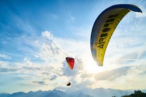 multi-colored parachutes in the sunny sky
