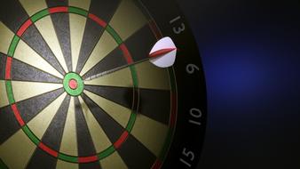 Dart in the bull's eye of the colorful dart board, in light, at blue and black, gradient background, clipart