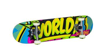 colored skateboard with world lettering