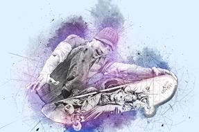 bottom view of skateboarder jumping, digital art