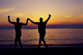 silhouettes of two people on the beach at dusk