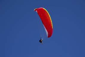 Paragliding, Glider with red wing at blue sky