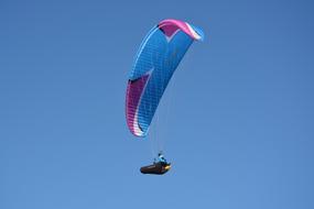 Paraglider with purple and blue wing at sky