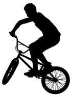 Black silhouette of a person, riding bmx at white background