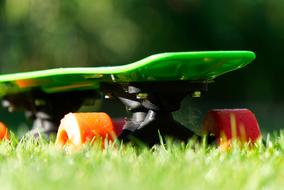 Skateboard with orange color Wheels on green Grass