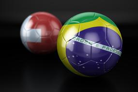 Colorful, shiny footballs with the flags of Switzerland and Brazil, on the Football World Cup 2018, at black background, clipart