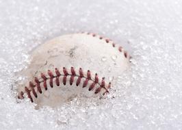 baseball ball in the snow close up