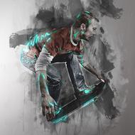young caucasian boy on skateboard, digital art